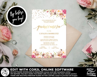 Quinceañera Invitation Template, Mis Quince, Floral Quinceañera Invitation, DIY Quinceañera Invitation, Quinceañera Instant Download, QC73