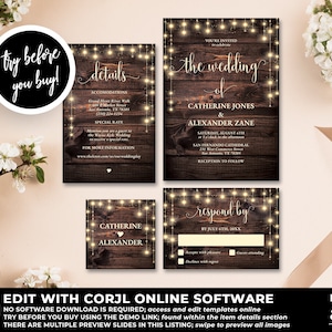 Rustic Wedding Invitation Template, Hanging Lights Wedding Invitations, Country Wedding, Farmhouse Wedding, Wood Invitations, Corjl WS30
