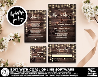 Rustic Wedding Invitation Template, Hanging Lights Wedding Invitations, Country Wedding, Farmhouse Wedding, Wood Invitations, Corjl WS30