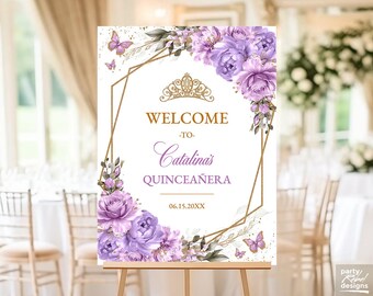 Lavender Lilac Floral Gold Quinceañera Welcome Sign Editable Corjl Template, Sweet Sixteen Butterfly Floral Welcome Sign Party Poster, QC41