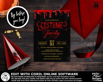Halloween Costume Party Invitation Printable, Halloween Invitation, Halloween Template, Bloody Invitation, Editable, Witch Party, HW12