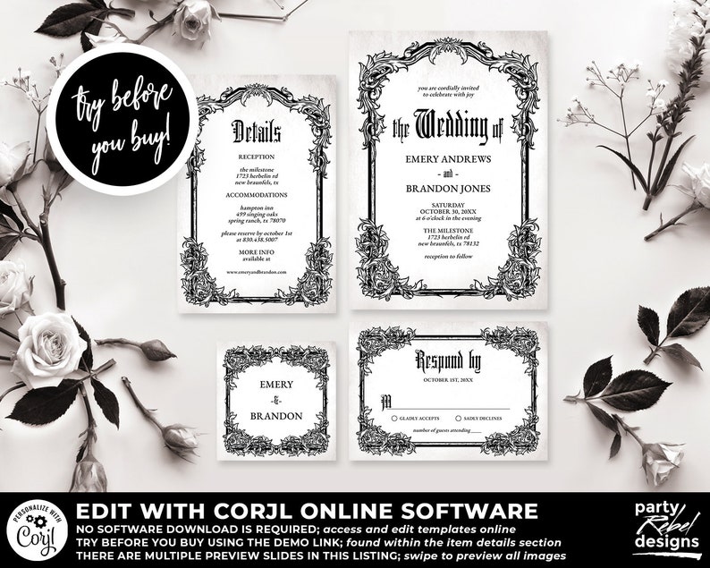 Vintage Gothic Wedding Invitations, Halloween Wedding, Rustic Wedding, Til Death Do Us Part, Hallowedding, Gothic, Vintage, Editable, WS19 image 1