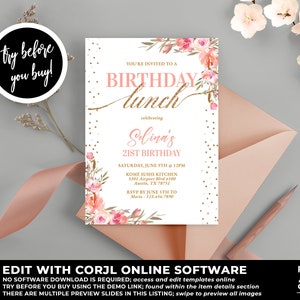 Birthday Lunch Invitation, Floral Birthday Invitation, Watercolor Birthday Invitation, Pink and Gold Birthday, Birthday Template, BD44