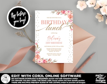 Puede incluir: Una invitación de fiesta de cumpleaños blanca y dorada con detalles florales rosas. La invitación dice "You're invited to a Birthday lunch celebrating Celina's 21st Birthday".