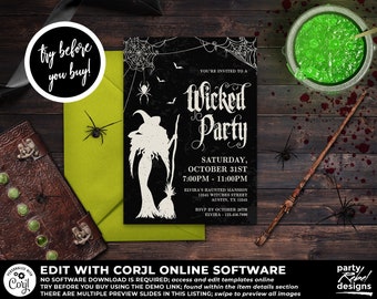 Halloween Party Invitation Printable, Wicked Party Invitation, Halloween Witch Party, Halloween Costume Party, Corjl, HW06