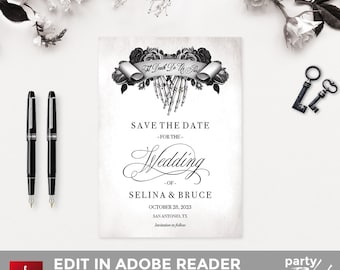 Vintage Gothic Save the Date-uitnodiging, Halloween-bruiloft, rustieke bruiloft, Til Death Do Us Part, Hallowedding, bewerkbaar, WS11