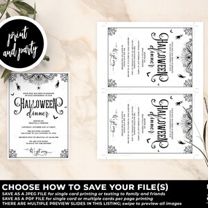 May include: Black and white printable Halloween dinner invitation with a spiderweb design and the text "Your soul has been summoned to face judgement at our Halloween Dinner".