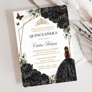 Editable Midnight Black and Gold Floral Quinceañera Invitation Template, Sweet 16 Birthday Princess Butterfly Invite PDF, DIY Corjl, QC51