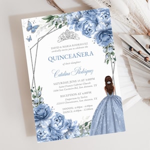 Dusty Blue Floral Quinceañera Invitation Editable Instant Download Template, Baby Blue Sweet 16 Princess Birthday Digital Invitation, QC32