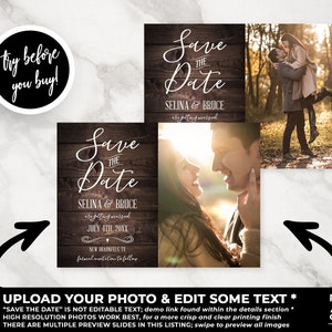 May include: Save the Date card with a rustic wood background. The card features a couple's names, wedding date, and location. The text "Save the Date" is in a white script font. The card is decorated with a white ribbon and a small wooden heart.