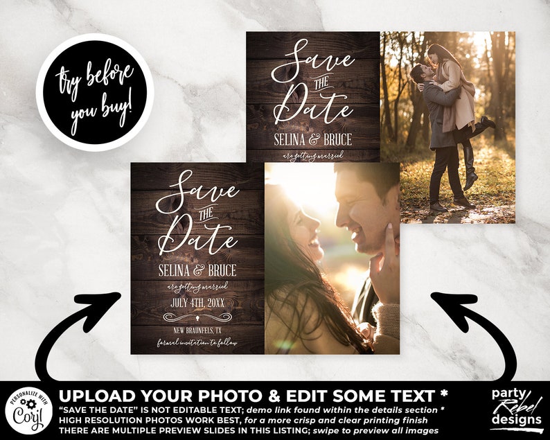 May include: Save the Date card with a rustic wood background. The card features a couple's names, wedding date, and location. The text "Save the Date" is in a white script font. The card is decorated with a white ribbon and a small wooden heart.
