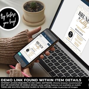May include: A digital mockup of a printable invitation for a brunch and bubbly party. The invitation features a gold glitter background with black text that reads "Brunch & Bubbly". The text "Selina Kyle" is also included in black text. The date "Aug 31" is displayed in a black circle with a white background.