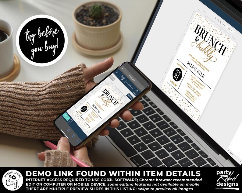 May include: A digital mockup of a printable invitation for a brunch and bubbly party. The invitation features a gold glitter background with black text that reads "Brunch & Bubbly". The text "Selina Kyle" is also included in black text. The date "Aug 31" is displayed in a black circle with a white background.