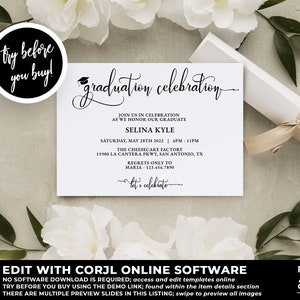 Graduation Celebration Party Invitation Template, Graduation Template Invitation, High School Graduation, College Graduation, Corjl GD08