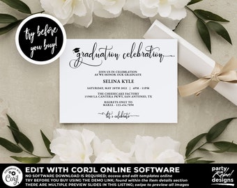 Op de afbeelding: Een witte uitnodiging voor een afstudeerfeest met elegant schrift. De uitnodiging bevat details zoals de naam van de afgestudeerde, datum, tijd en locatie. Een cirkelvormige afbeelding luidt "probeer voordat je koopt!" en de tekst "Bewerk met Corjl Online Software" staat onderaan.