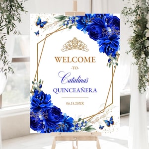 Royal Blue Floral Quinceañera Welcome Sign Poster Instant Download Editable Template, Gold Glitter Quinceañera Printable Welcome Sign, QC16