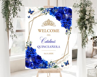 Royal Blue Floral Quinceañera Welcome Sign Poster Instant Download Editable Template, Gold Glitter Quinceañera Printable Welcome Sign, QC16
