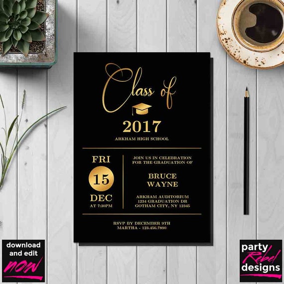 printable graduation party invitation template black and gold grad party black and gold graduation party template diy graduation gd06 printable graduation party invitations templates