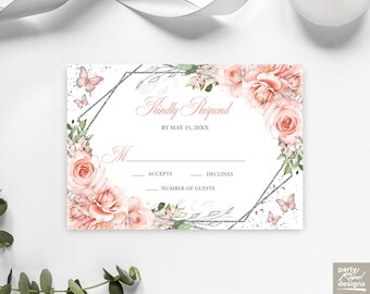 Blush Floral RSVP Editable Invitation Template Instant Download, Pink and Silver Quinceañera Kindly Reply Butterfly Card, Sweet 16, RSVP08