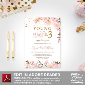 Young Wild and Three Invitation Instant Download, Floral Birthday Invitation, Third Birthday Invitation, Glitter, Blush, Editable, BD110