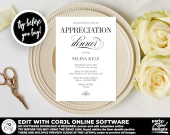 Appreciation Dinner Invitation Template, Appreciation Party Invitation, Retirement Dinner Invitation, Birthday Dinner Template, Corjl DP02