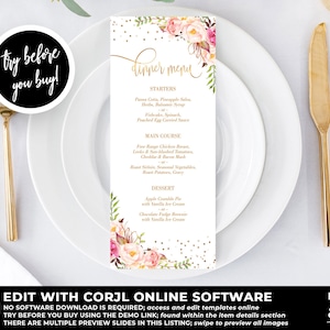 Birthday Dinner Menu Template, Floral Birthday Menu, Dinner Menu Invitation Instant Download, Floral Menu Template, DIY Birthday, BD42