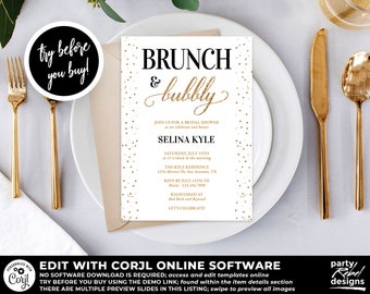 May include: A white and gold bridal shower invitation with gold confetti. The invitation reads "Brunch & Bubbly" and includes the bride's name, date, time, and location. The invitation also includes an RSVP request and information about where the bride is registered.