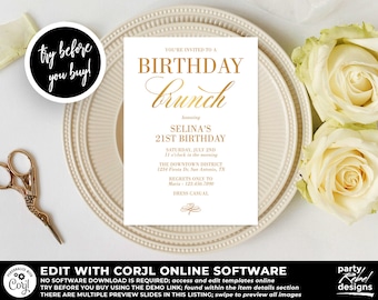 Birthday Brunch Invitation Instant Download, Gold Birthday Invitation, Classy Birthday Brunch, Holiday Brunch, Retirement Brunch, BD12