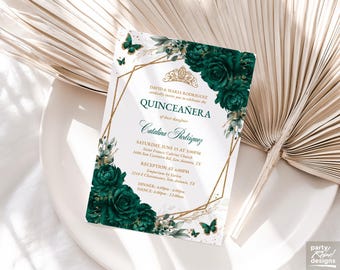 May include: A Quinceañera invitation with a gold geometric frame and emerald green floral accents. The invitation includes the names of the parents, the Quinceañera's name, and event details. Butterflies and a crown are also featured.