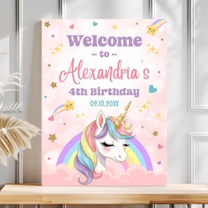 Editable Unicorn Birthday Welcome Sign Template, Four Ever Magical Party Poster Instant Download, Pastel Rainbow 4th Birthday, BY04