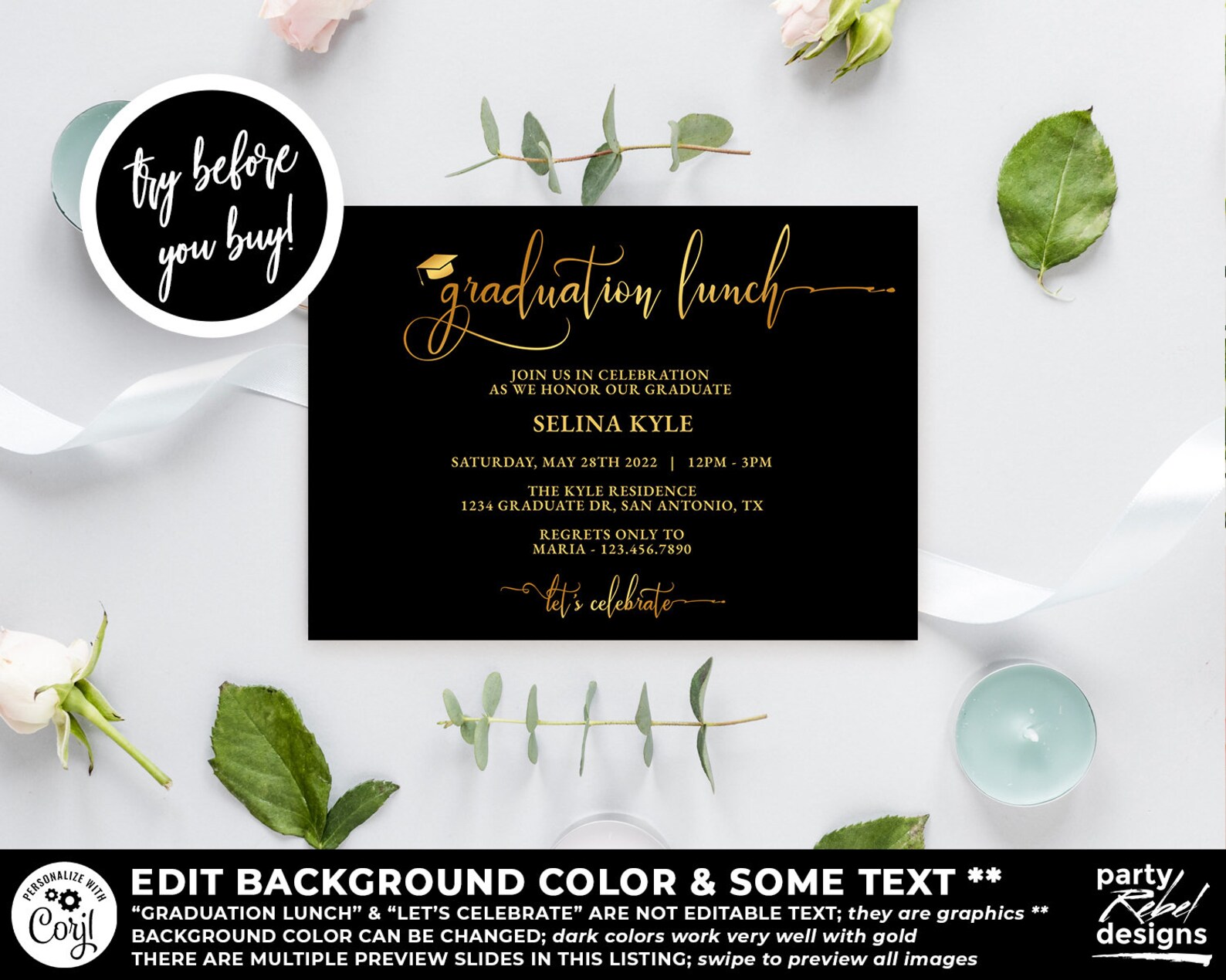 Grad Lunch Invite Gold Graduation Lunch Party Invitation Printable Template, Grad Party ...