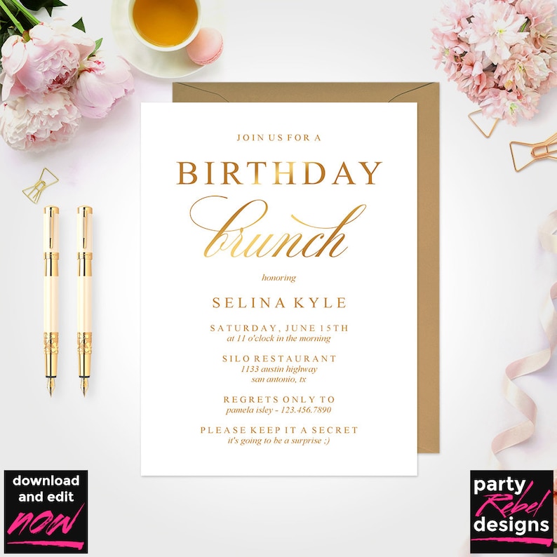 Birthday Brunch Invitation Instant Download Gold Birthday Etsy