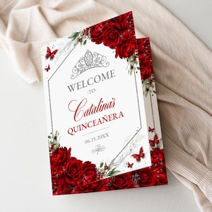 Editable Red Floral Quinceañera Program Bi-Fold Template, Corjl Instant Download, Elegant Folding Court of Honor Card, Order of Events, QC55