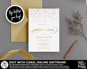 Graduation Dinner Invitation Instant Download Template, Gold Graduation Invitation, Graduation Party, Editable Graduation, Corjl GD16