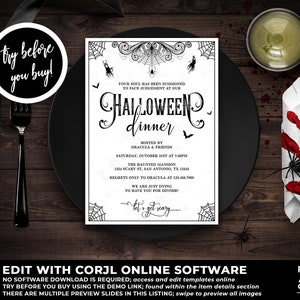 May include: A black and white Halloween dinner invitation with a spooky spider web design. The invitation reads "Your soul has been summoned to face judgement at our Halloween dinner" and includes details about the event, including the date, time, location, and contact information.