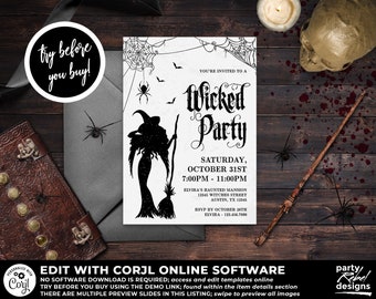 Halloween Party Invitation Printable, Wicked Party Invitation, Halloween Witch Party, Halloween Costume Party, Corjl, HW06