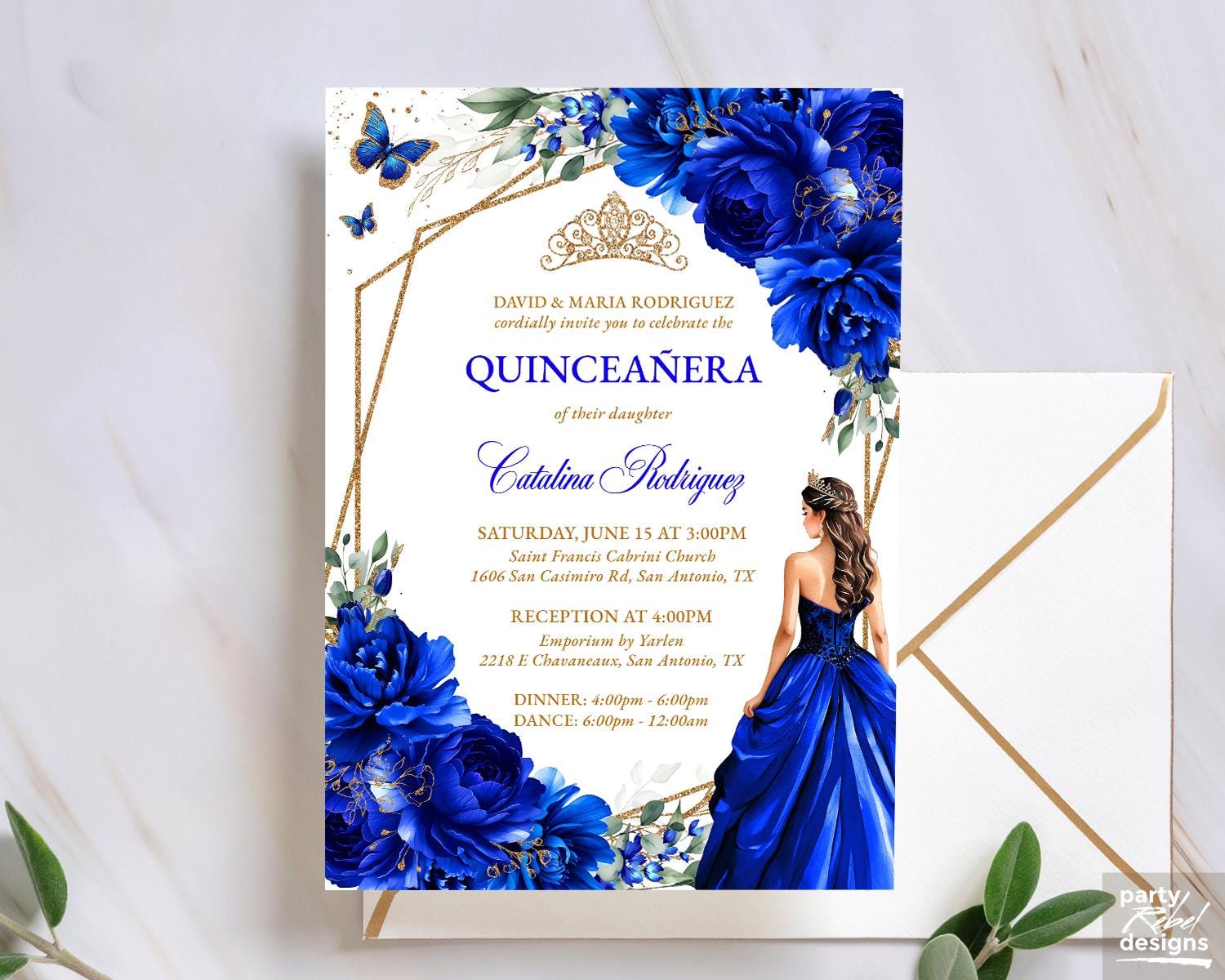 Royal Blue Floral Quinceañera Invitation Editable Instant Download Template, Gold Sweet 16 Floral Princess Birthday Digital Invitation, QC16