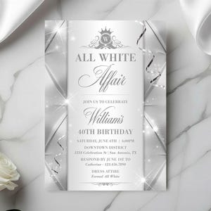 May include: A formal invitation for a 40th birthday party. The invitation is white with silver accents, featuring the text "All White Affair" and event details. The design includes a decorative crest and sparkling embellishments.