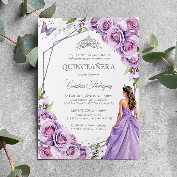 Lavender Purple Floral Quinceañera Invitation Template, Mis Quince, Silver Quinceañera, Mis Quince Años, Floral Birthday Invitation, QC11