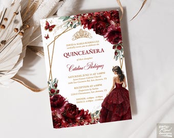 May include: A quinceañera invitation card with a burgundy and gold floral design. The invitation features the text "Quinceañera" and the name "Catalina Rodriguez". A watercolor illustration of a woman in a burgundy dress is on the right side.