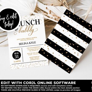 May include: Black and white striped bridal shower invitation with gold glitter accents. The invitation reads "Brunch & Bubbly" and includes the date, time, and location of the event. The text "Selina Kyle" is printed in gold.
