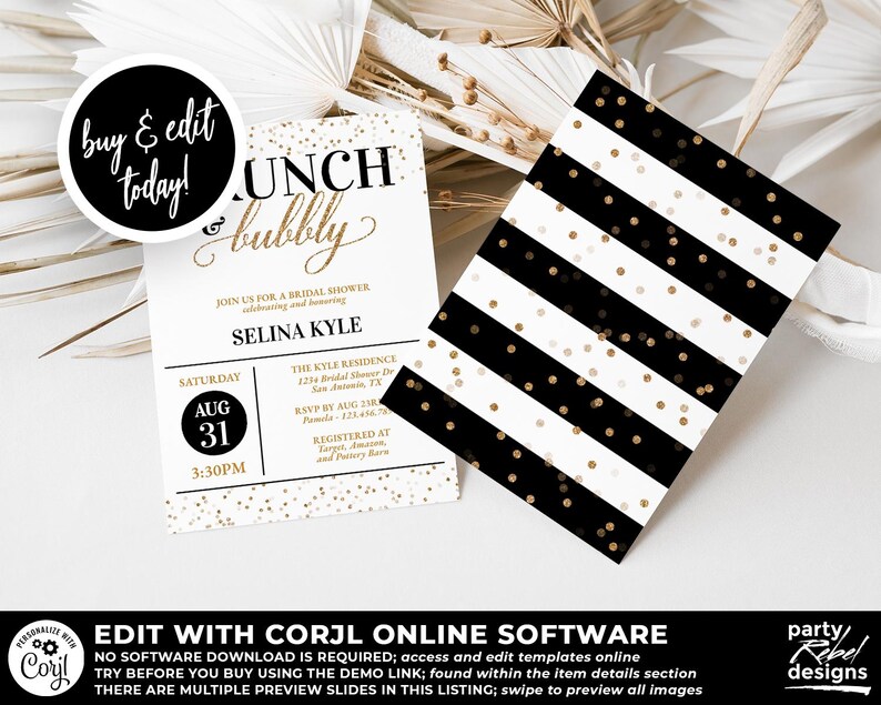 May include: Black and white striped bridal shower invitation with gold glitter accents. The invitation reads "Brunch & Bubbly" and includes the date, time, and location of the event. The text "Selina Kyle" is printed in gold.