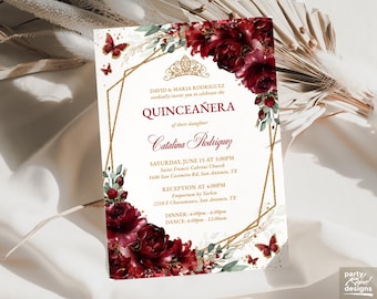 Burgundy Gold Floral Quinceañera Invitation, Editable Mis Quince Años Template, Sweet 16 Butterfly Birthday Invite, Digital Download, QC20