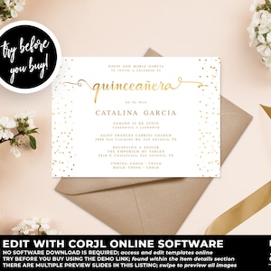 Gold Quinceañera Invitation Template Instant Download, Mis Quince, Mis Quince Años, Quinceañera Instant Download, Gold Quince, Corjl QC25