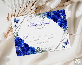 Royal Blue Butterfly Floral Quinceañera RSVP Invitation Template, Editable Kindly Reply Instant Download, Sweet 16 Response Card, RSVP16