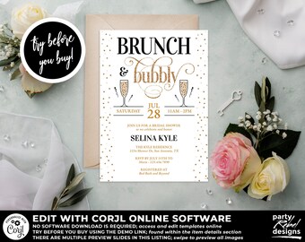 May include: A white bridal shower invitation with gold glitter accents. The invitation features the text "Brunch & Bubbly" with champagne flutes and confetti. The date is July 28th, and the time is 11 AM to 2 PM. The invitation also includes the bride's name, Selina Kyle, and the location of the shower.