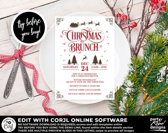 Christmas Brunch Invitation Printable Template, Christmas Party Invitation, Christmas Invitation, Holiday Brunch Invitation, Corjl, CM07