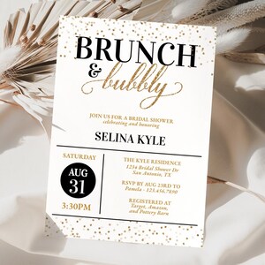 Black and Gold Brunch and Bubbly Bridal Shower Invitation | Elegant Bridal Brunch Party Invite | DIY Printable Wedding Shower Card, BRS36