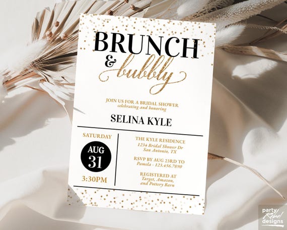 Black and Gold Brunch and Bubbly Bridal Shower Invitation | Elegant Bridal Brunch Party Invite | DIY Printable Wedding Shower Card, BRS36