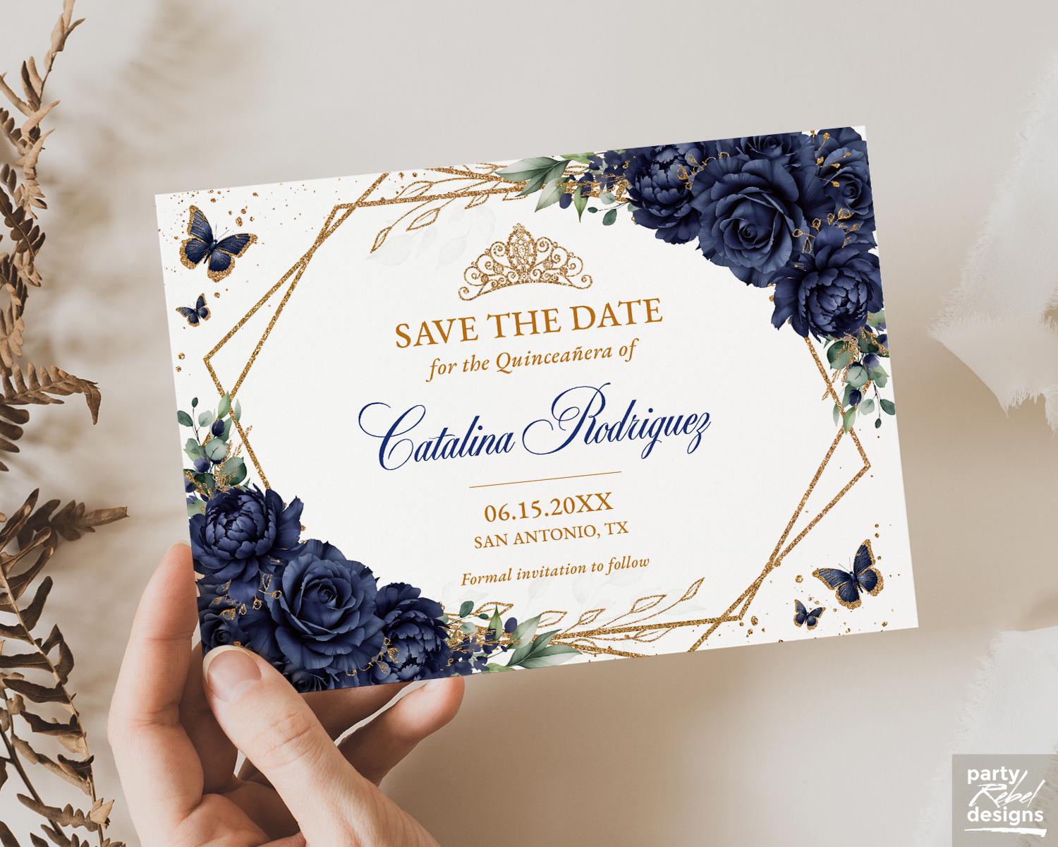 Navy Blue and Gold Floral Quinceañera Save the Date Card, Sweet 16